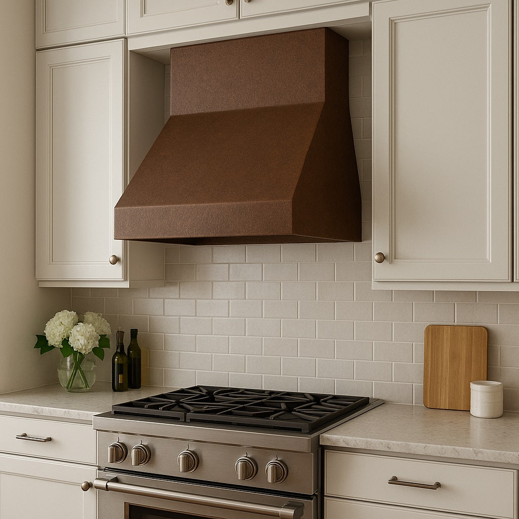 Modern slant front copper range hood 36-inch in a transitional kitchen setting