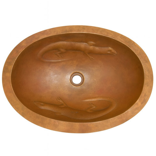 Custom oval copper bathroom sink with lizard reliefs