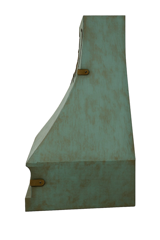 Oxidized copper range hood with bronze straps and rustic patina, side view