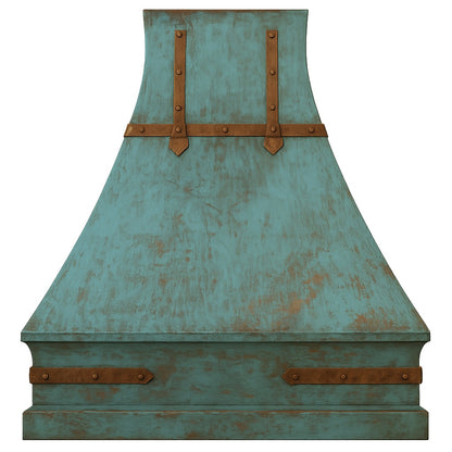 Oxidized copper range hood with bronze straps and rustic patina