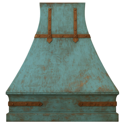 Oxidized copper range hood with bronze straps and rustic patina