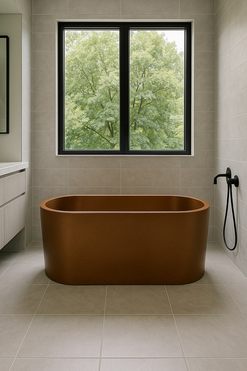 Freestanding rectangular double-wall copper bathtub in a contemporary style bathroom
