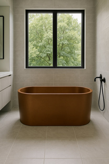 Freestanding rectangular double-wall copper bathtub in a contemporary style bathroom