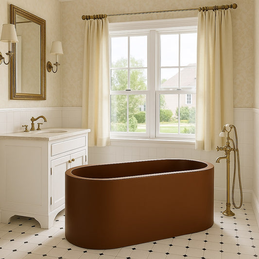 Freestanding rectangular double-wall copper bathtub in a typical American suburban bathroom interior