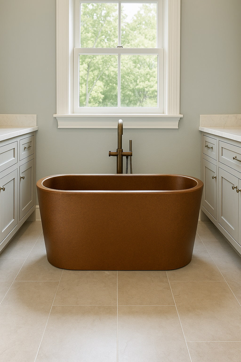 Traditional bathroom furnished with a freestanding rectangular double-wall copper bathtub