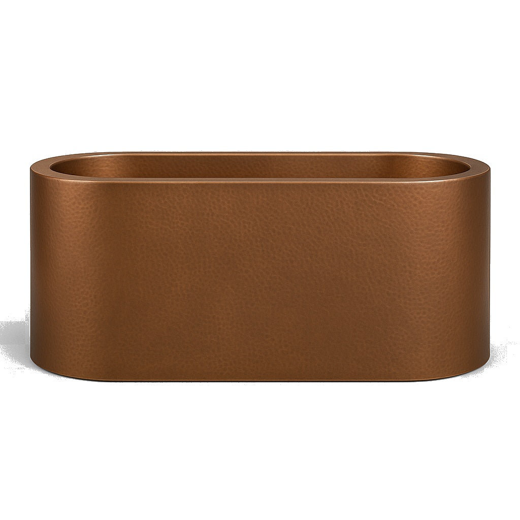 Freestanding rectangular double-wall copper bathtub, side view