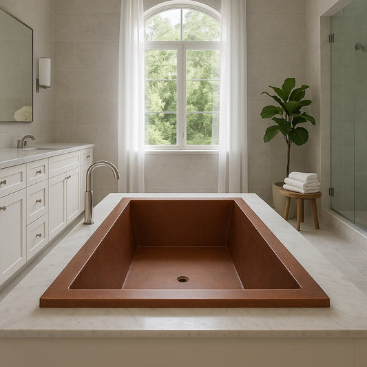 Rectangular drop-in copper bathtub with modern design in spa settings
