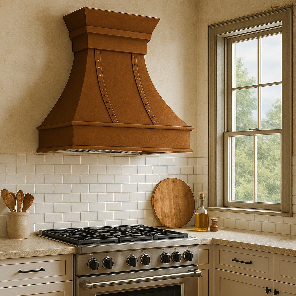 Riveted flared 30-inch copper range hood with crown molding design in a kitchen in a wall mount version