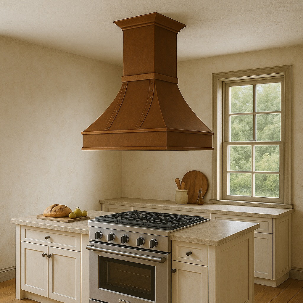 Riveted flared custom 36-inch copper range hood with crown molding design above a kitchen island