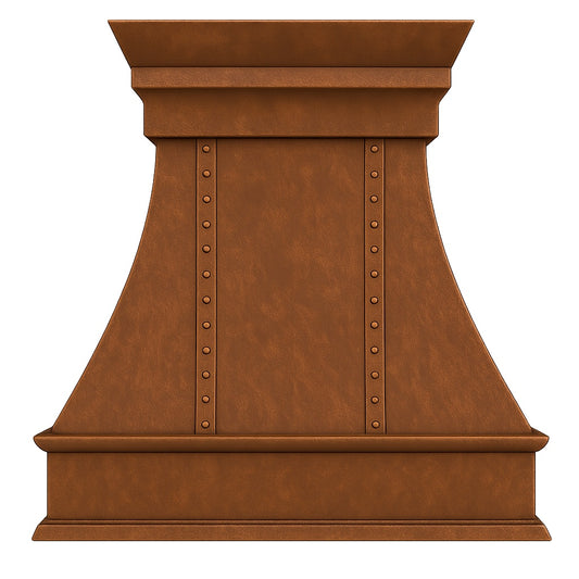 Riveted flared copper range hood with crown molding design front view