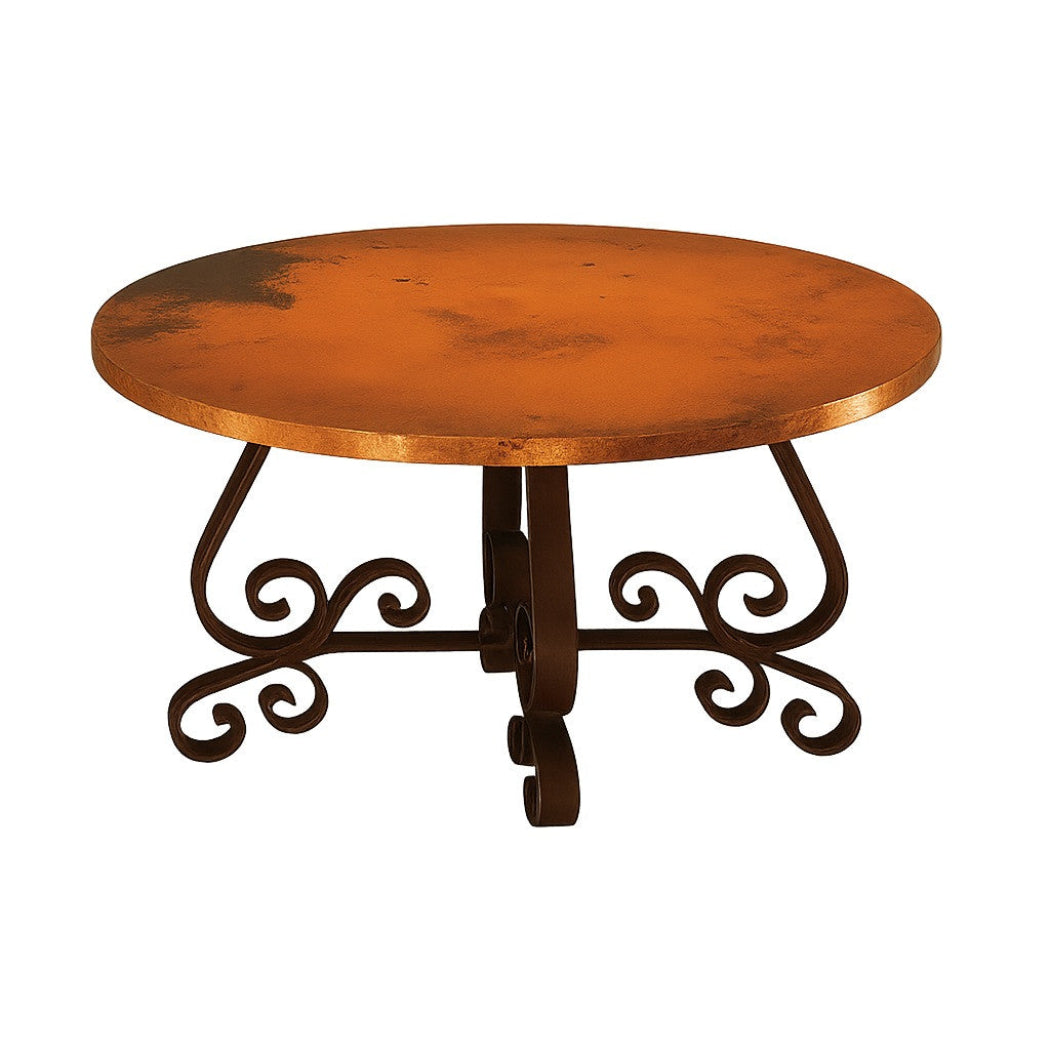 Round colonial copper table with hand-forged iron base