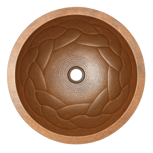 Custom round copper drop In bathroom sink with braided relief interior