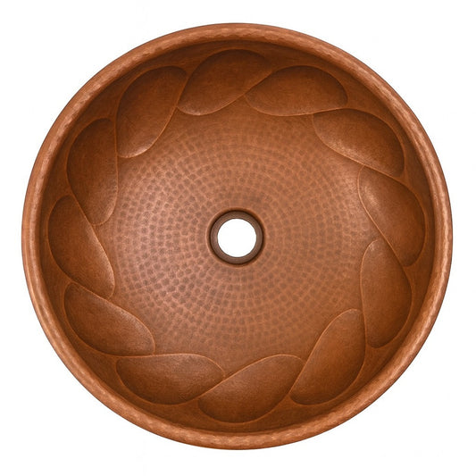 Custom round copper drop-in bathroom sink with braided relief