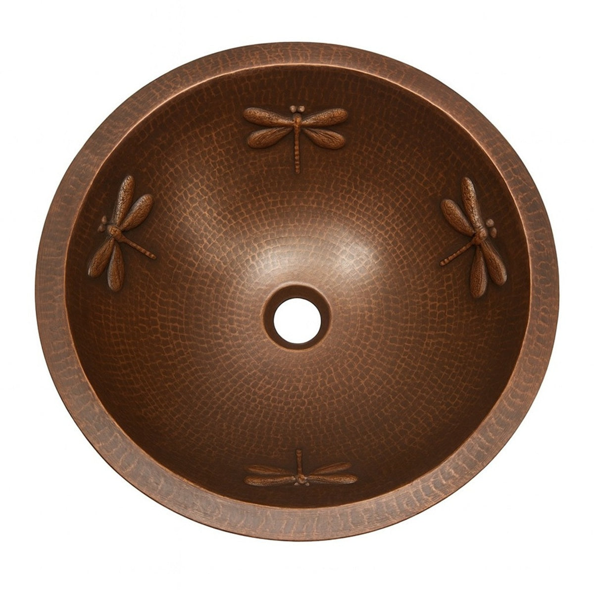 Custom round copper drop-in bathroom sink with dragonfly relief design