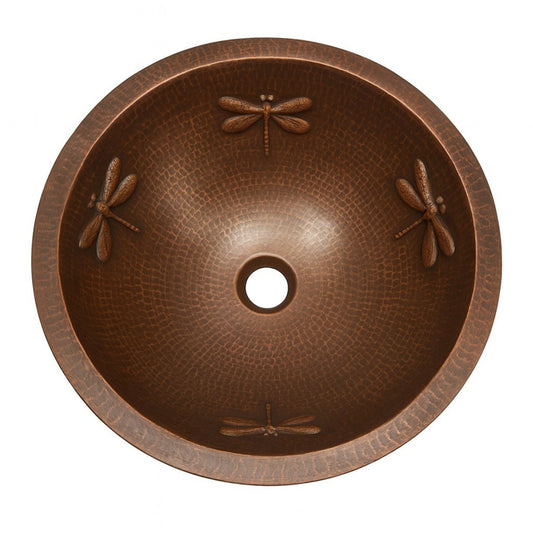 Custom round copper drop-in bathroom sink with dragonfly relief design