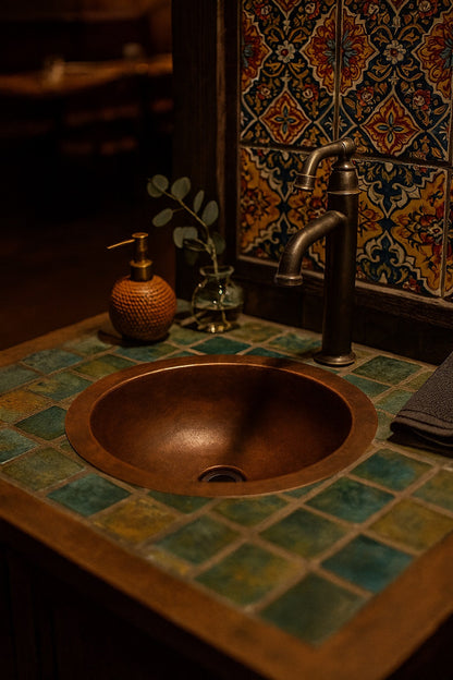 Custom round copper sink with wide rim in a hacienda style bathroom