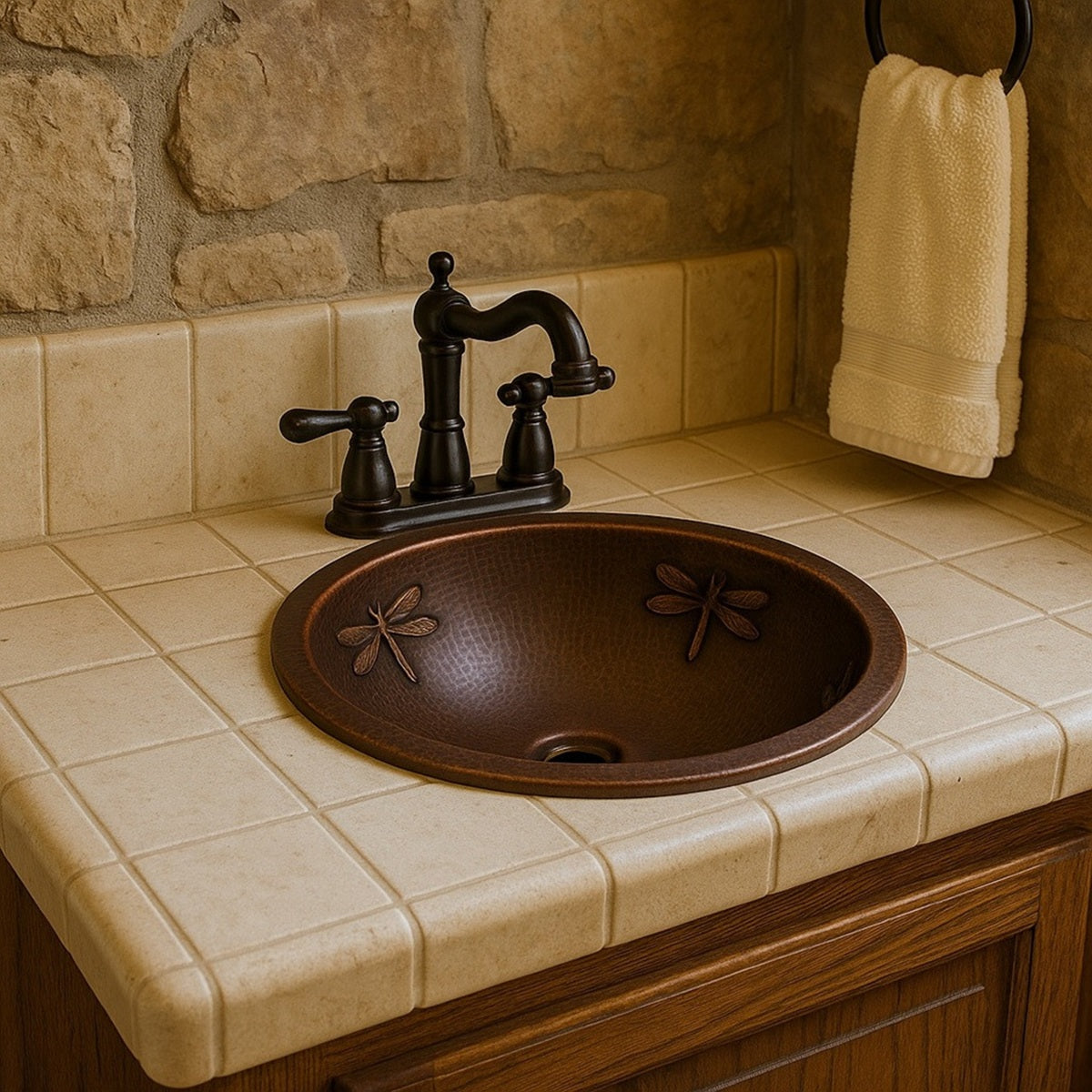Custom round copper drop-in sink with dragonfly relief design in a rustic bathroom