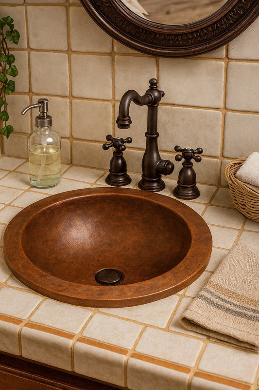 Custom round copper sink with wide rim for drop-in or undermount use in a rustic bathroom