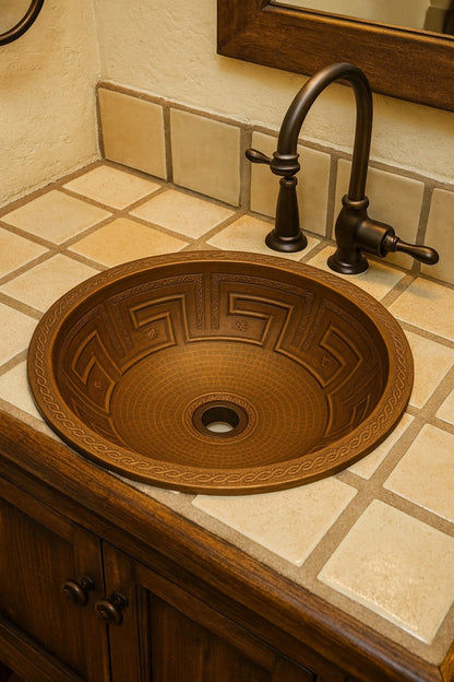 Custom round copper drop-in bathroom sink with Aztec design and braided rim in a rustic bathroom with off white talavera tiles
