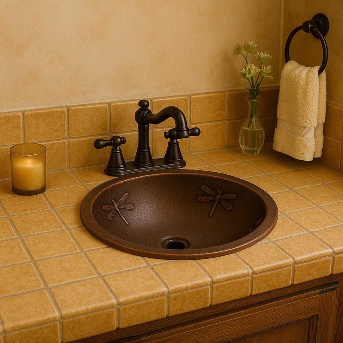 Custom round copper drop-in sink with dragonfly relief design in a transitional style bathroom