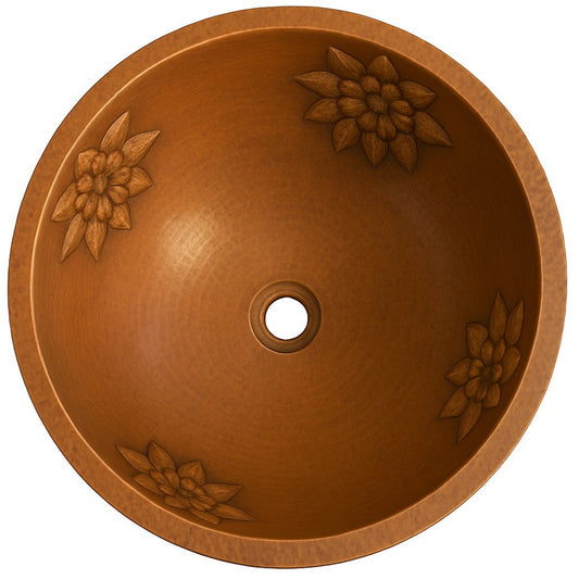 Round hammered copper bathroom sink with floral relief design