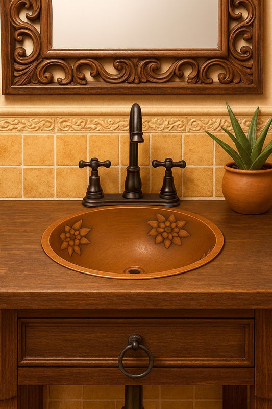 Traditional bathroom with a round hammered copper bathroom sink with floral relief design