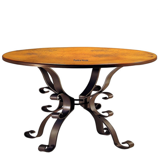 Round copper table with multi scroll forged iron pedestal and ring support, hammered top with warm patina and decorative base