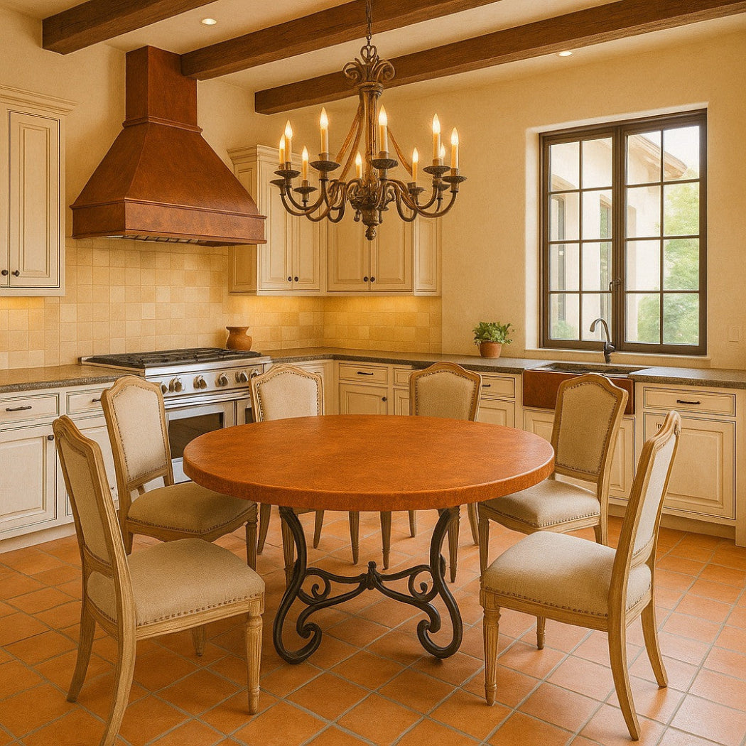 Round handcrafted copper table in eat in kitchen, hammered top with warm patina on Spanish Colonial iron stand base