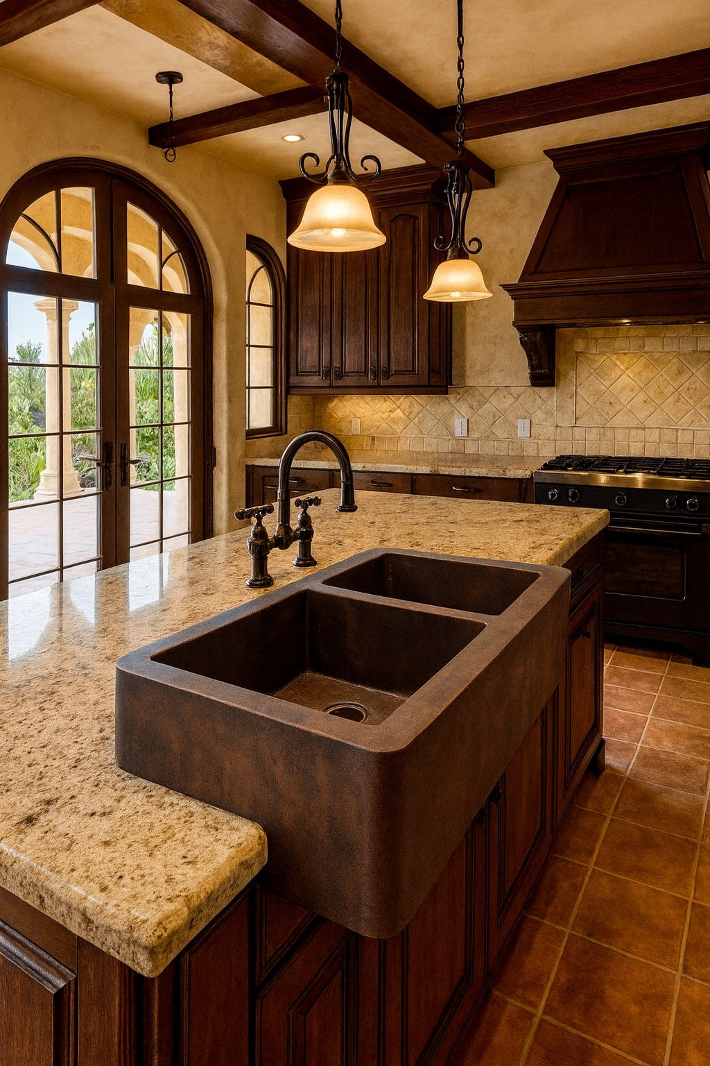 Rustic kitchen with 33-inch custom apron copper kitchen sink with large left and smaller right bowl