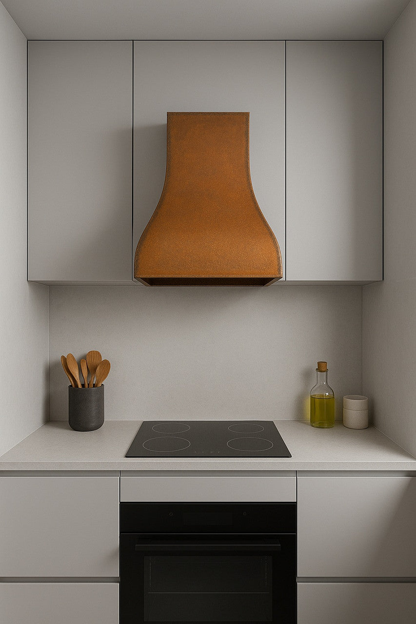 28-inch handcrafted scalloped copper range hood for rustic kitchens