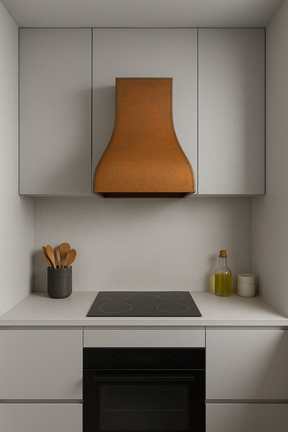 28-inch handcrafted scalloped copper range hood for rustic kitchens