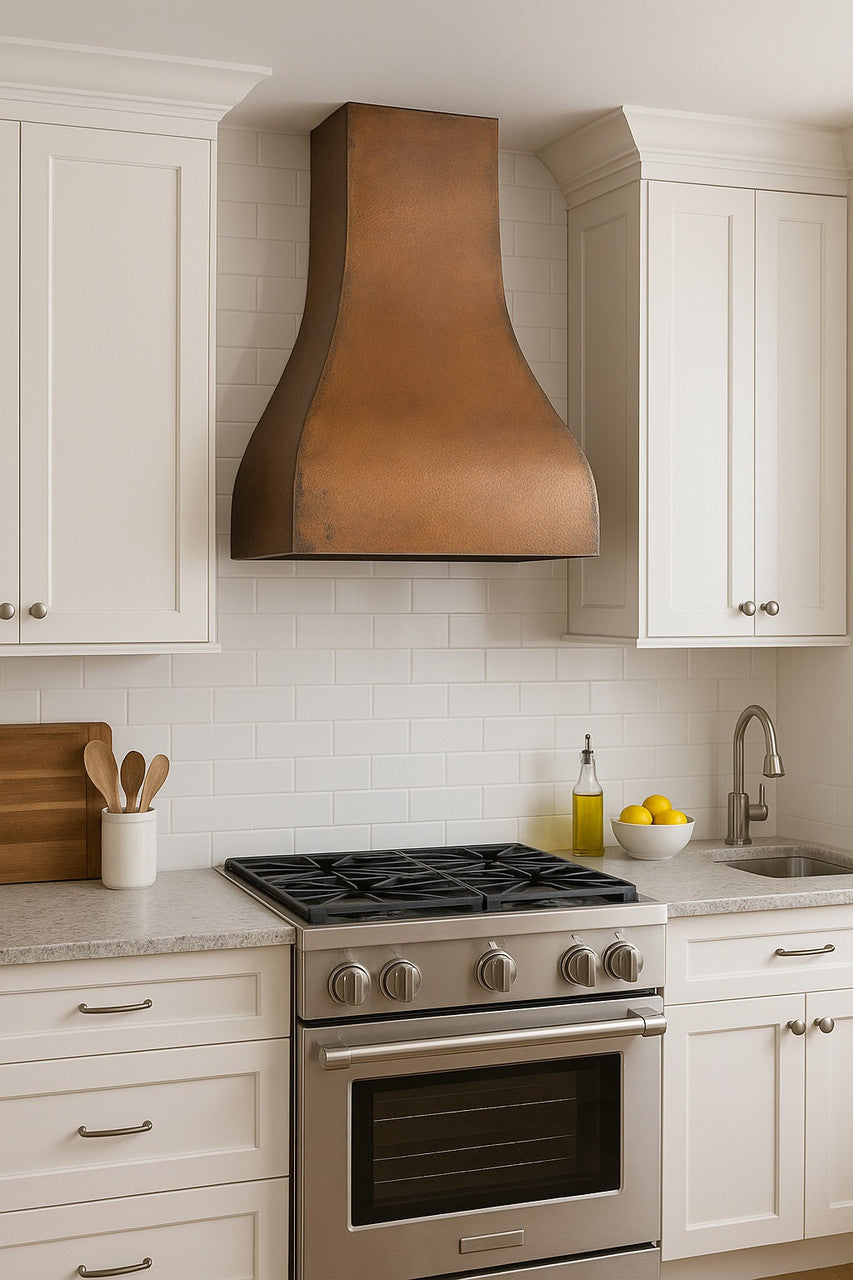 30-inch handcrafted scalloped copper range hood for rustic kitchens