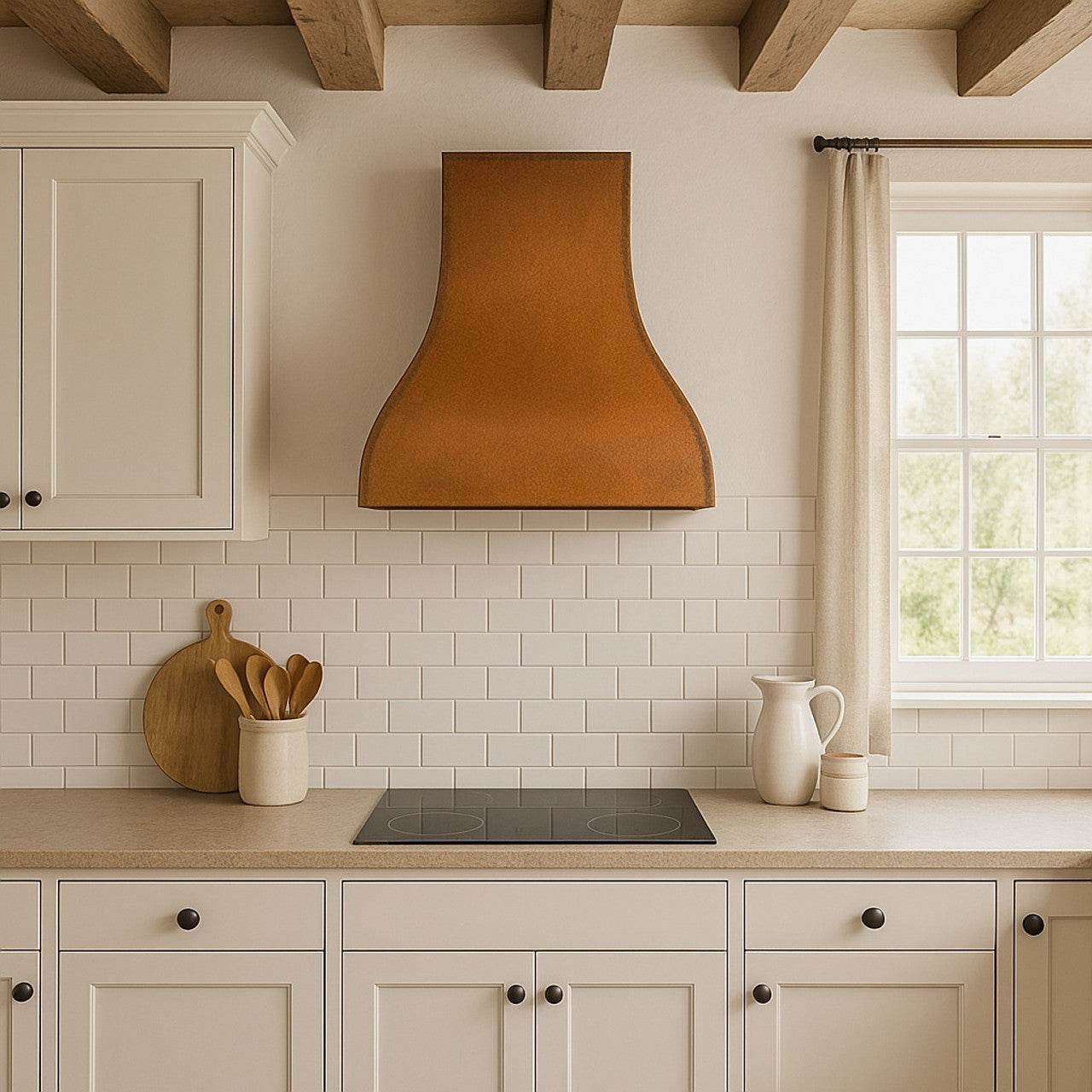 36-inch handcrafted scalloped copper range hood for rustic kitchens