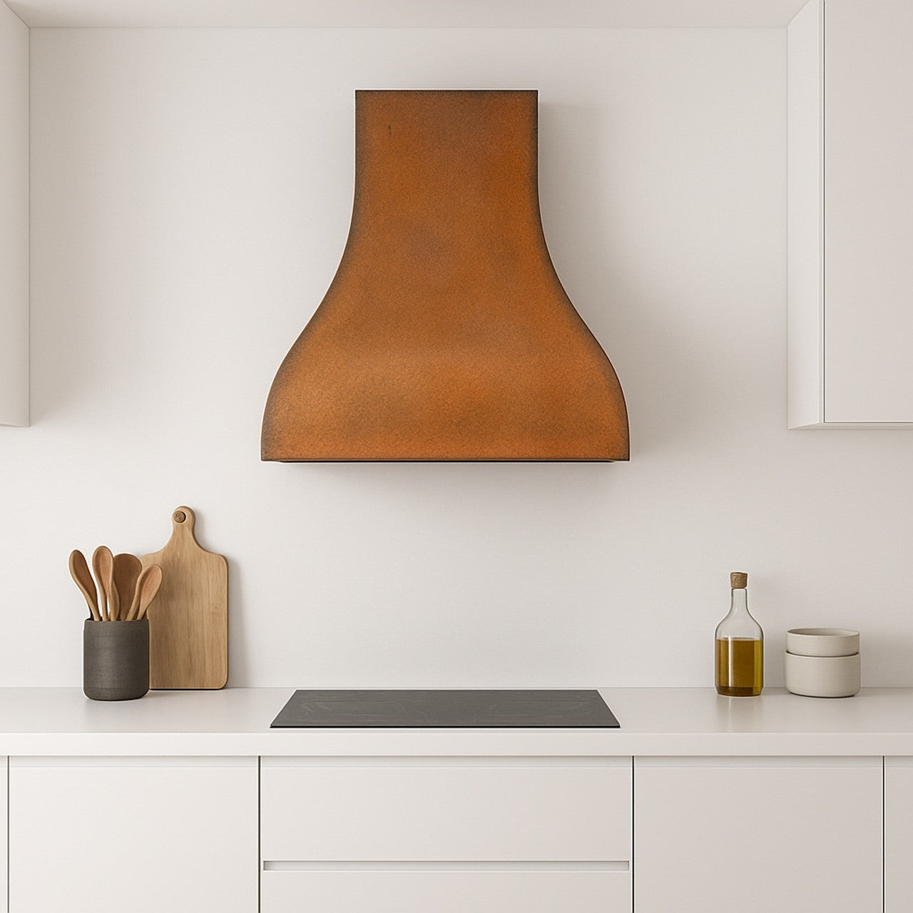 48-inch handcrafted scalloped copper range hood for rustic kitchens