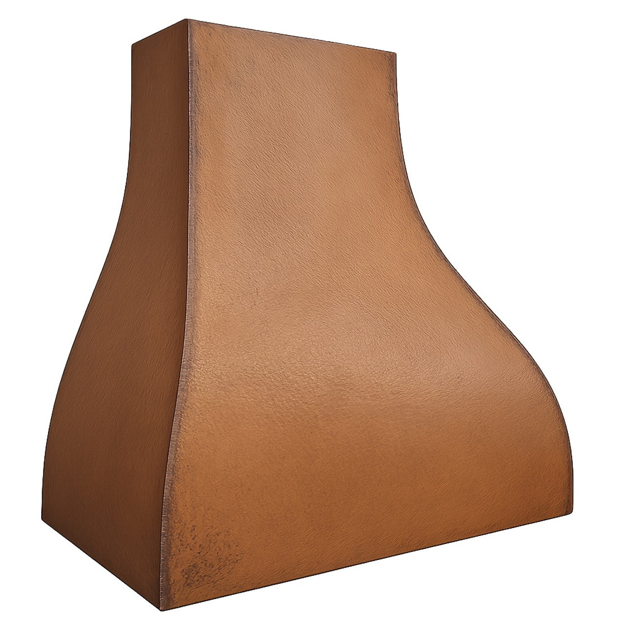 Angled view of handcrafted scalloped copper range hood for rustic kitchens