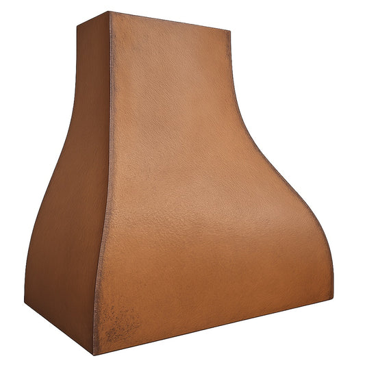 Angled view of handcrafted scalloped copper range hood for rustic kitchens