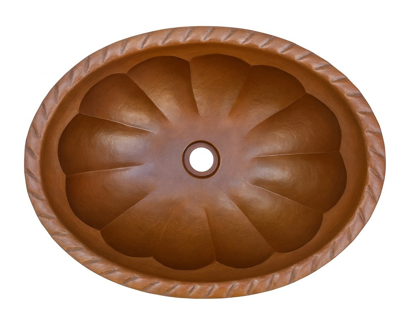 Custom oval copper drop-in  undermount bathroom sink with scalloped basin and rope rim
