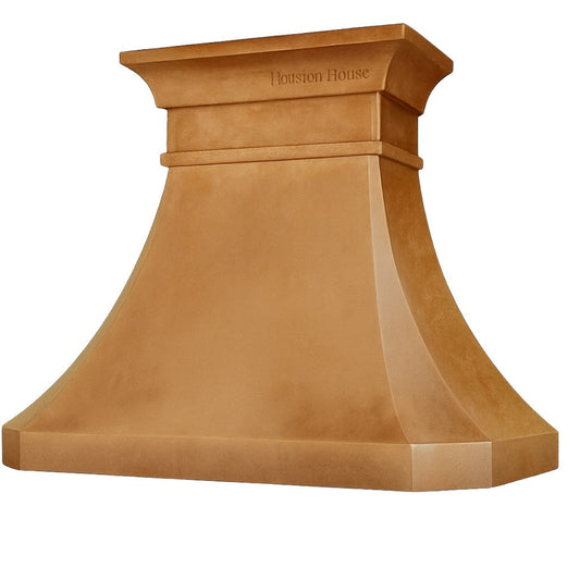 Side view of custom copper farmhouse range hood with classic bell canopy