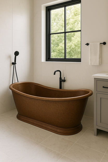 Single slipper hand-hammered copper bathtub in a modern bathroom