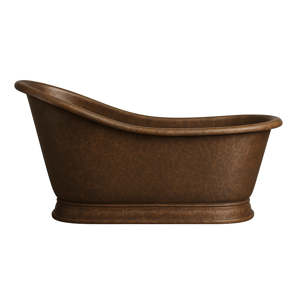 Single slipper hand-hammered copper bathtub side view