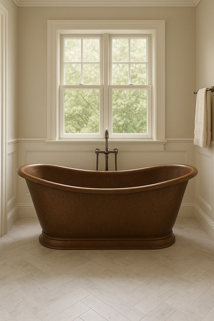 Transitional bathroom with a single slipper hand-hammered copper bathtub