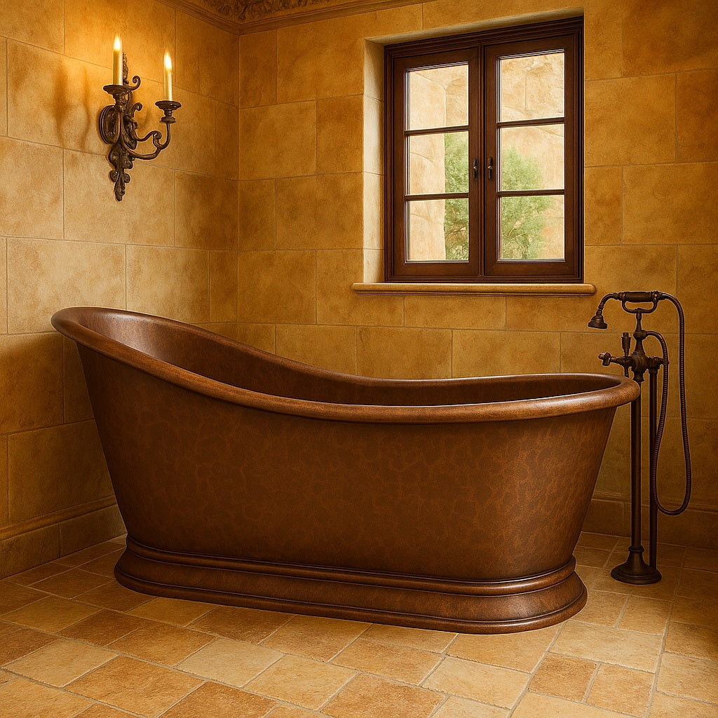 Single slipper hand-hammered copper bathtub in a Tuscan bathroom setting