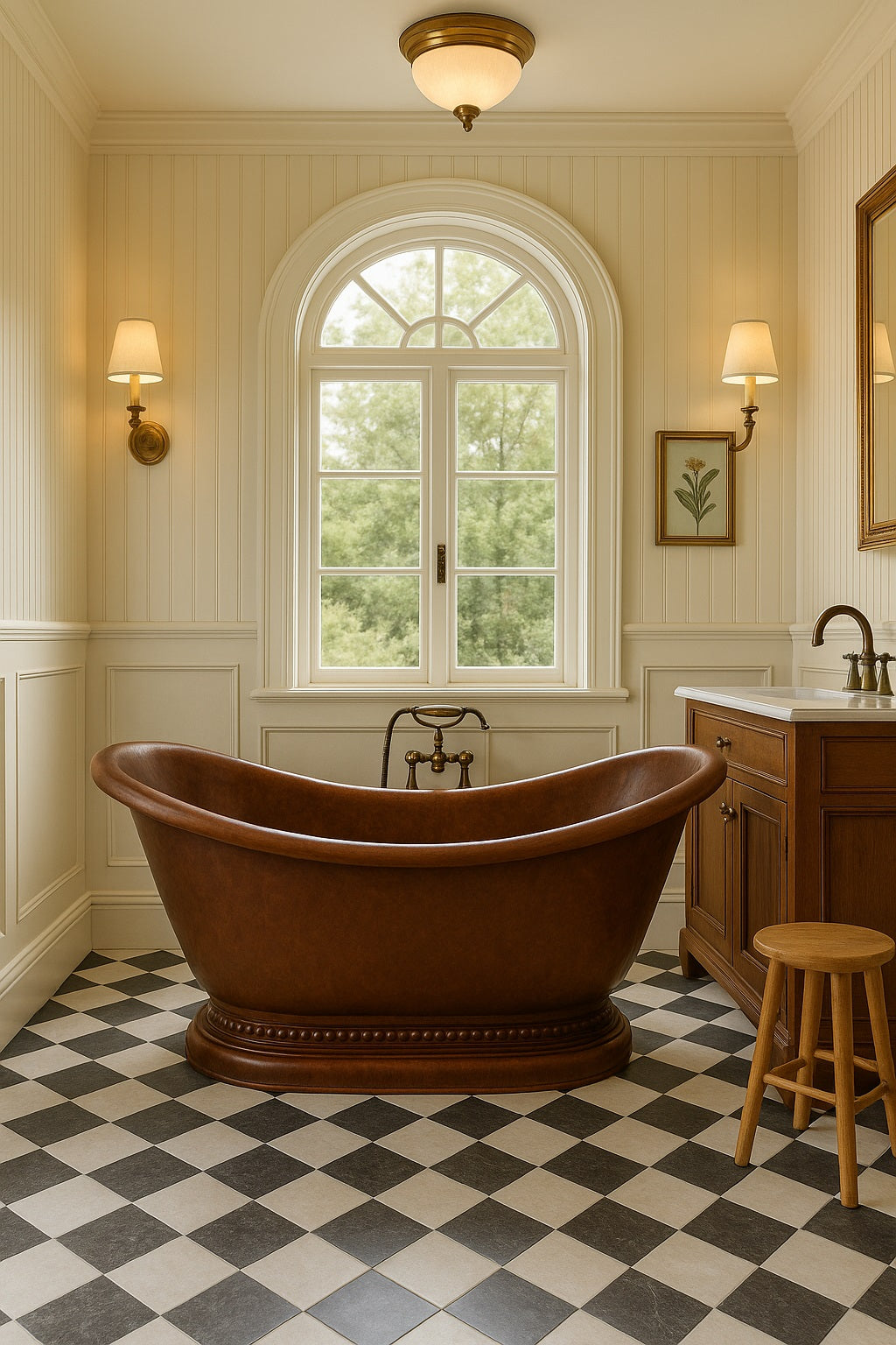 60 inch slipper copper bathtub with a decorative base