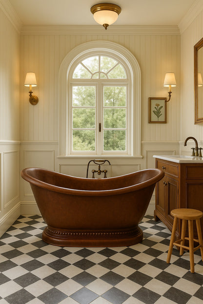 60 inch slipper copper bathtub with a decorative base