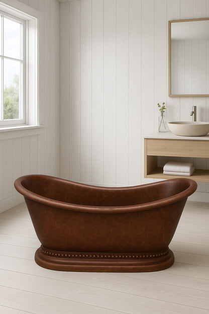 72-inch slipper copper bathtub with a decorative base