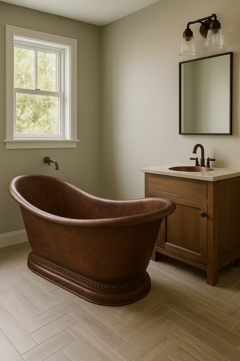 78-inch slipper copper bathtub with a decorative base