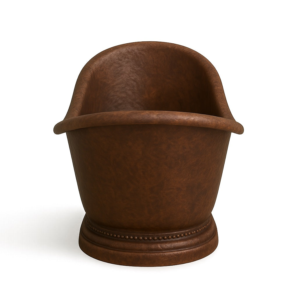 Sipper copper bathtub with a decorative base, side view