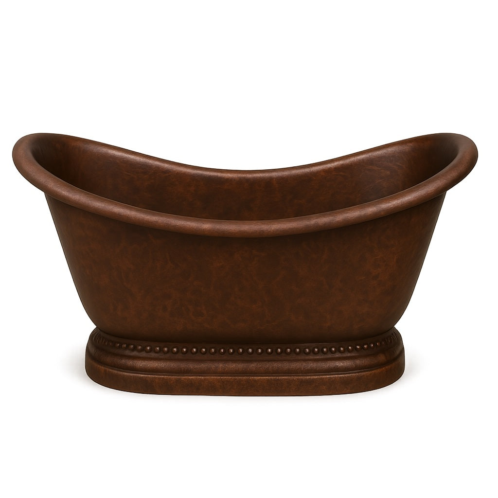 Slipper copper bathtub with a decorative base front view