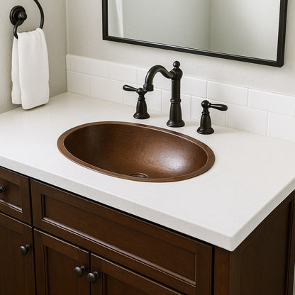 Small custom oval drop in undermount copper bathroom sink