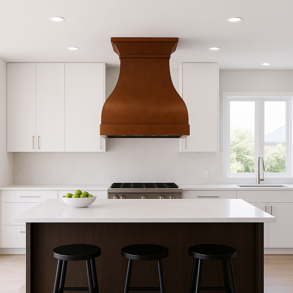 Modern kitchen with a copper range hood, white countertops, and black stools.